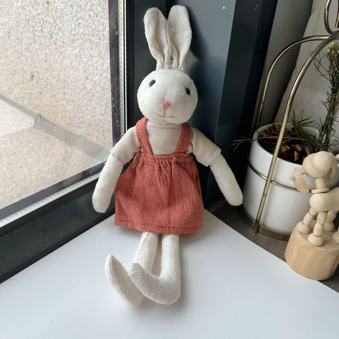 Soft Long‑Leg Linen Bunny Plush with Checkered Collar and Gathered Overalls