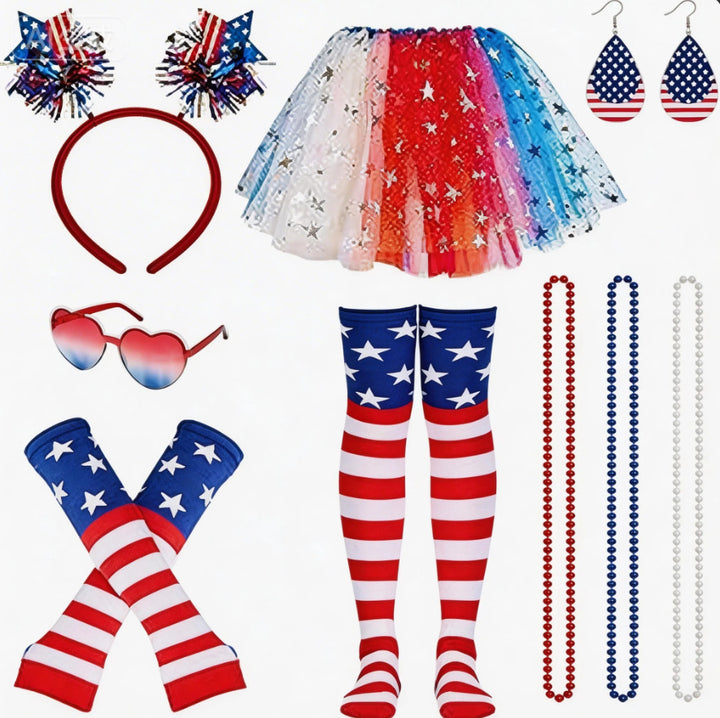 Women's patriotic carnival costume set with layered tulle skirt elastic waistband bow hairband thigh-high stockings and arm warmers Kalsten