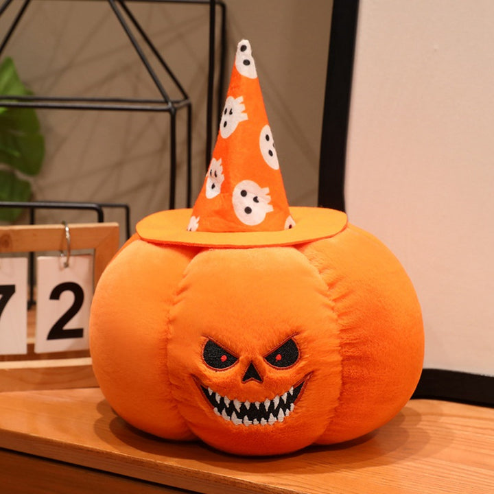 Plush pumpkin decoration figure with witch hat and embroidered spooky face