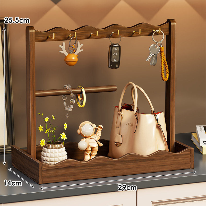 Wooden Entryway Valet Tray with Multi-Hook Key Rack & Jewelry Rod Organizer