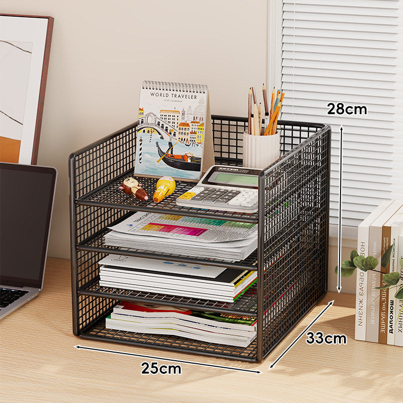 Multi-Tier Metal Mesh Desktop Document and Office Supply Organizer with Pull-Out Trays