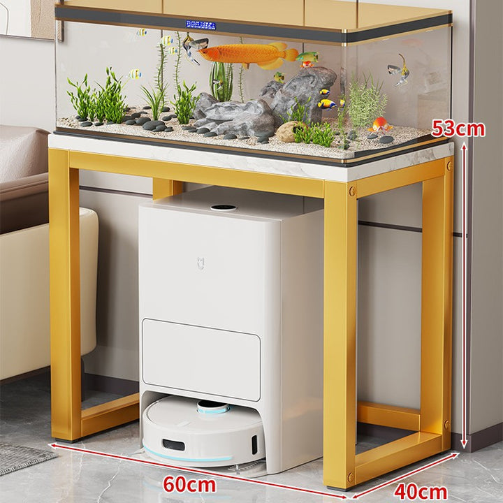 Gold Metal Aquarium Console Table with Faux Marble Top and Robot Vacuum Storage