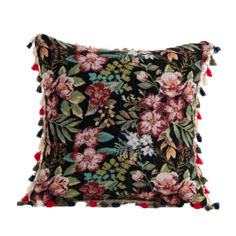 Decorative Bohemian Patchwork Tapestry Throw Pillow Cover with Pom-Pom Tassel Trim