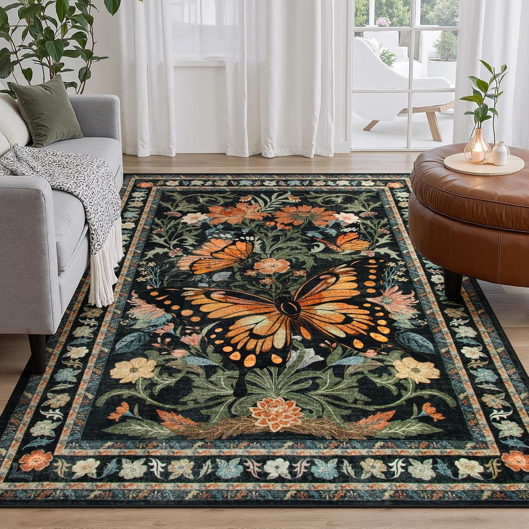 Ornate Butterfly Floral Area Rug