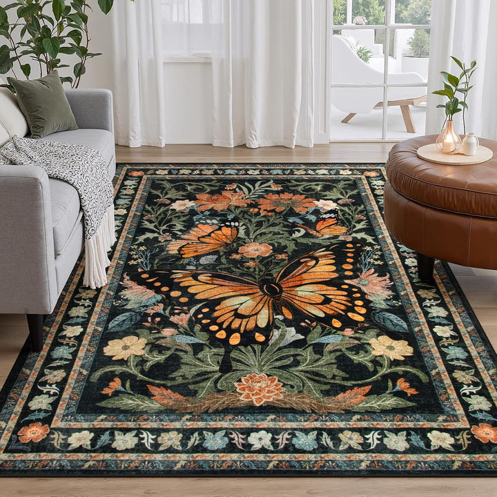 Ornate Butterfly Floral Area Rug
