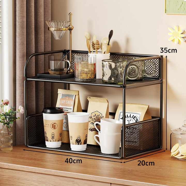 Tiered Metal Mesh Countertop Organizer Shelf with Raised Mesh Sides
