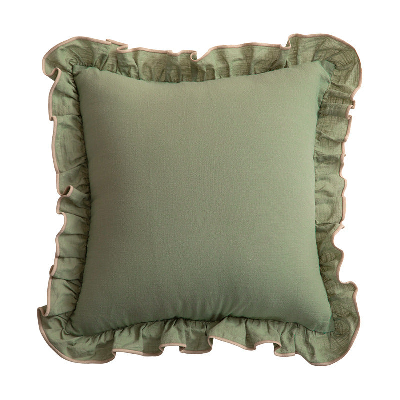 Square decorative pillow with ruffle and linen look