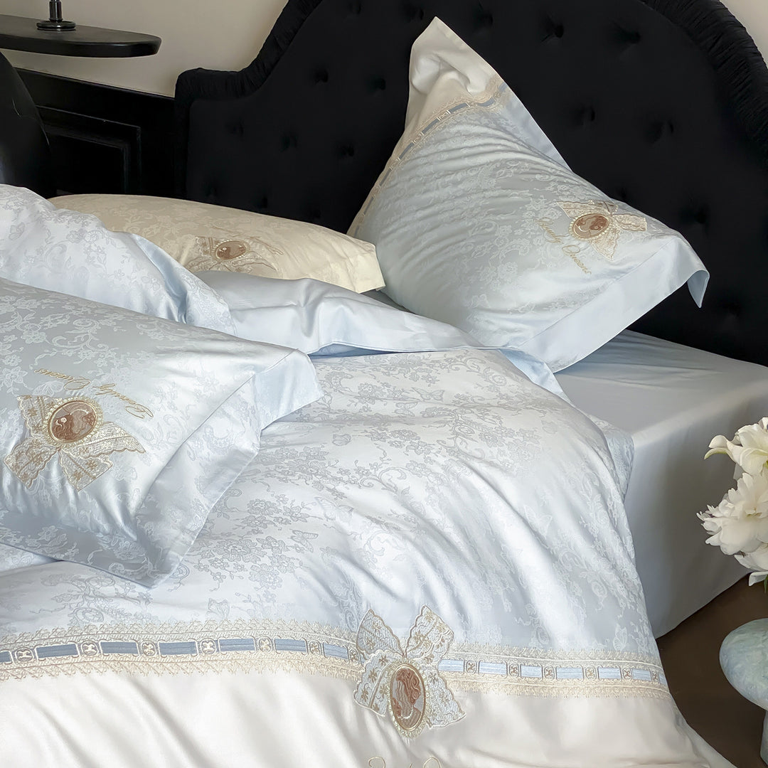 Luxurious satin bedding set with fine embroidery and pillowcases