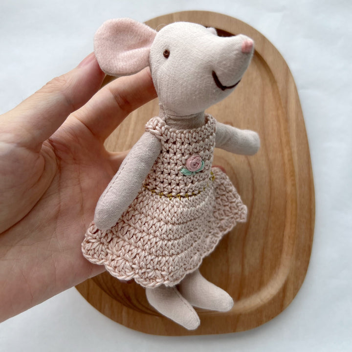 Handcrafted Cotton Plush Mouse Doll with Crochet Dress