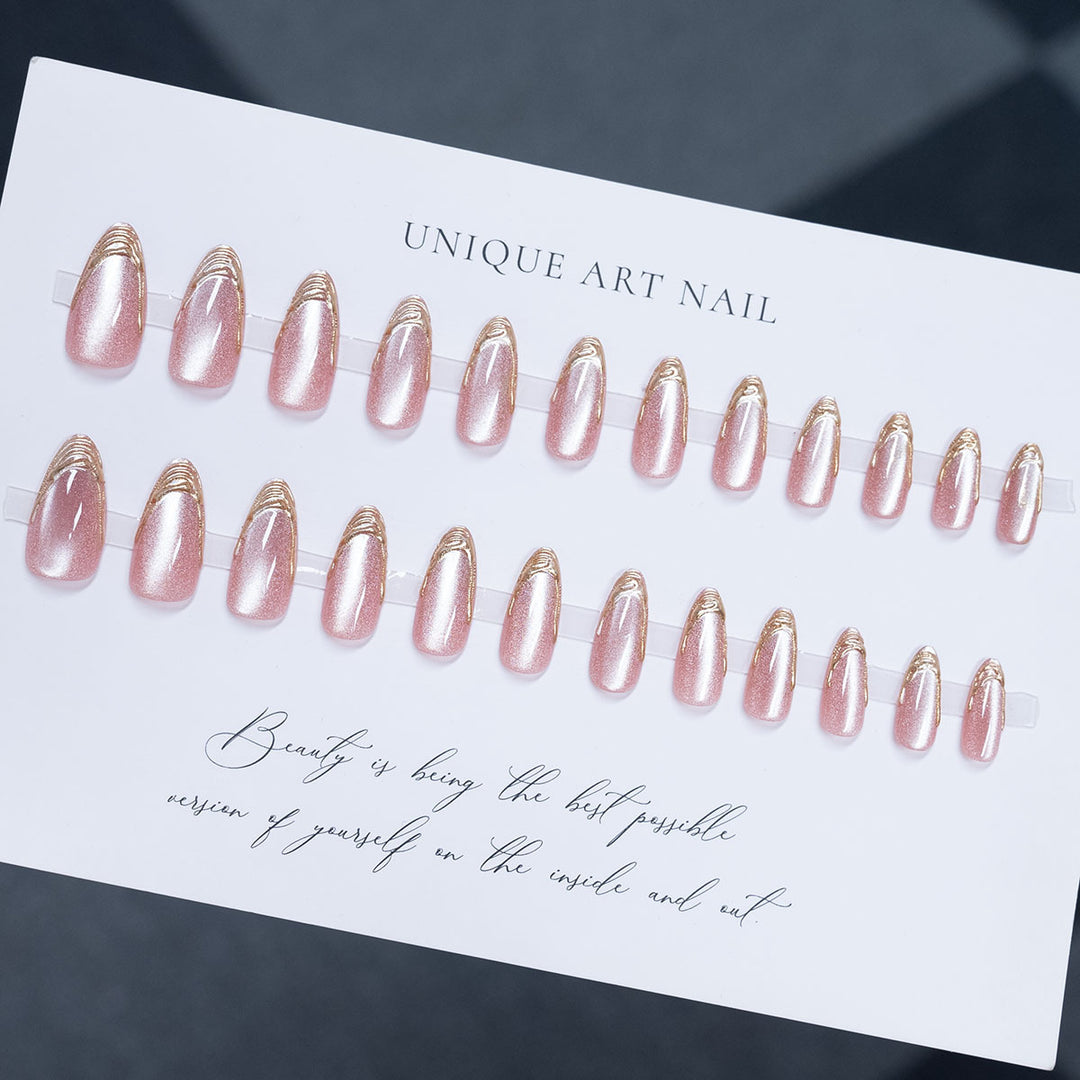 Elegant Almond-Shaped Press-On Nails with Golden Details