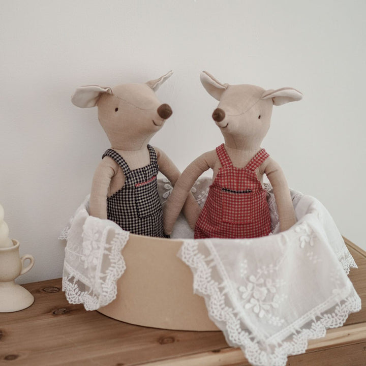 Handmade Linen Plush Mouse Doll with Gingham Overalls