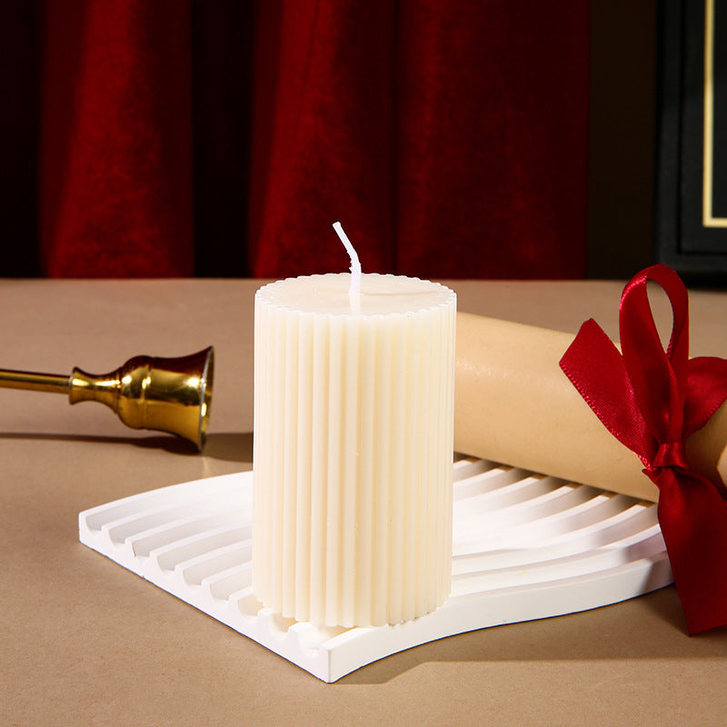 Ribbed Column Pillar Candle with Glass Pedestal Holder