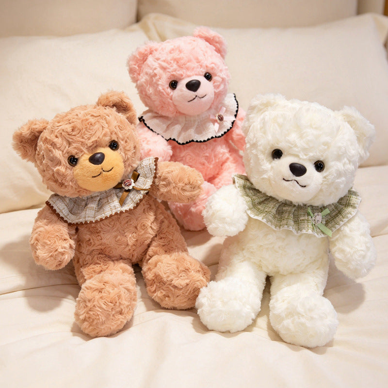 Curly-Fur Teddy Bear with Ruffled Plaid Collar and Embroidered Nose Kalsten