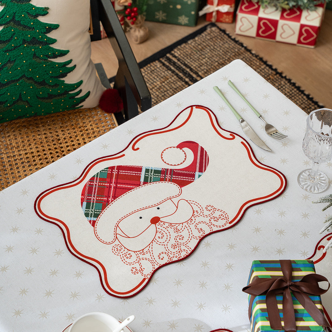 Rectangular Christmas floor rug with embroidered reindeer motif and check pattern