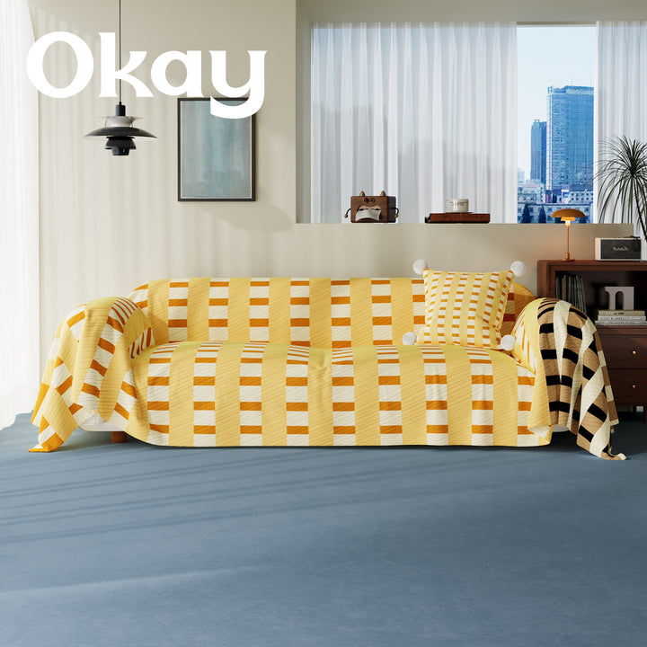 Stretch-Fit Quilted Sofa Slipcover with Pom-Pom Accent Pillowcase