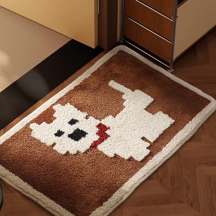 Rectangular bath mat with playful dog motif and soft tufting