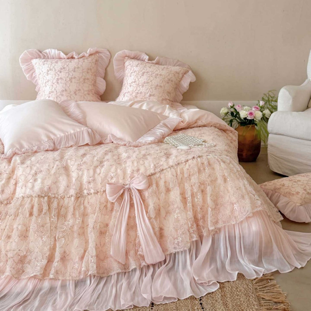 Romantic satin bedding set with ruffles and lace bedspread