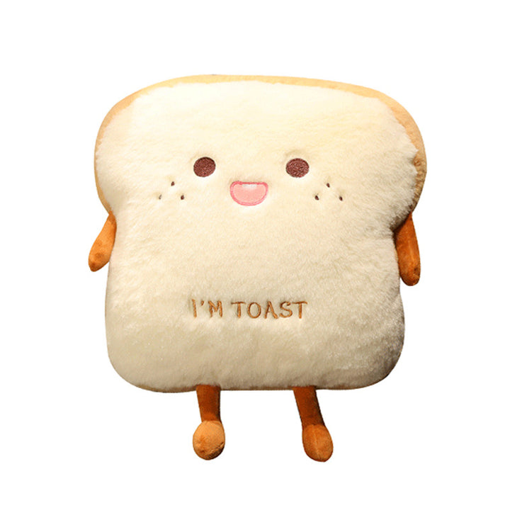 Cuddly plush cushion in toast shape with embroidery and soft filling