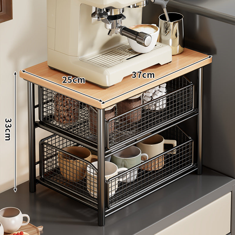 Compact Two-Tier Countertop Coffee Station Organizer with Wooden Top and Slide-Out Wire Mesh Baskets