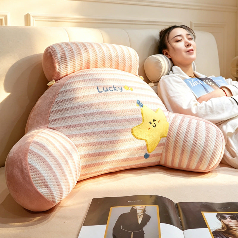 Padded reading pillow with neck roll and armrests made of plush
