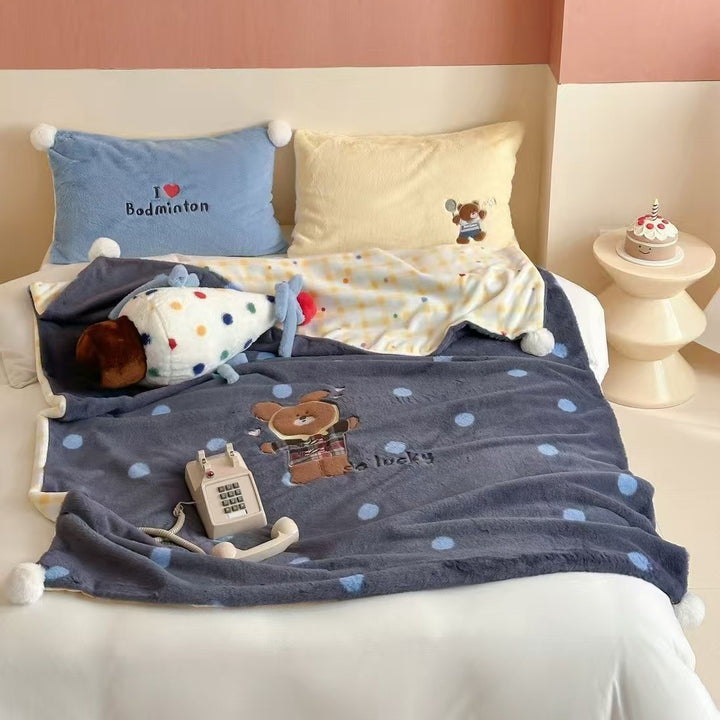 Extra soft microfleece throw blanket with embroidered teddy bear and polka dot design