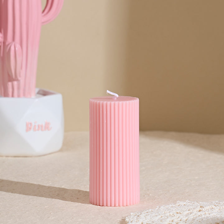 Textured Ribbed Short Pillar Candle with Slow-Burn Wax