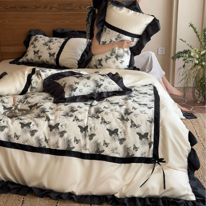 Satin-Duvet cover set with butterfly pattern, ruffle detail & decorative ribbon