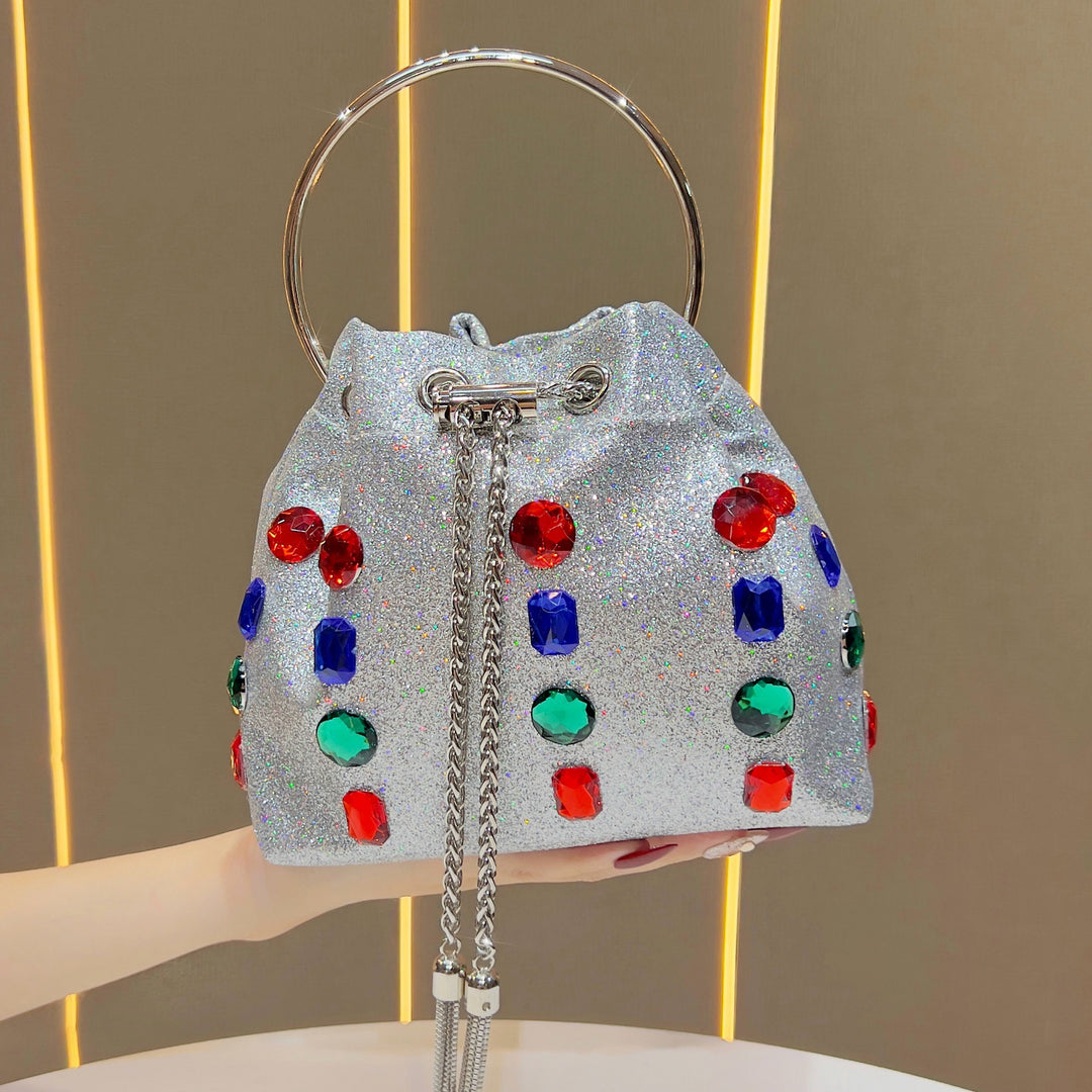 Sparkling Rhinestone-Embellished Drawstring Handbag