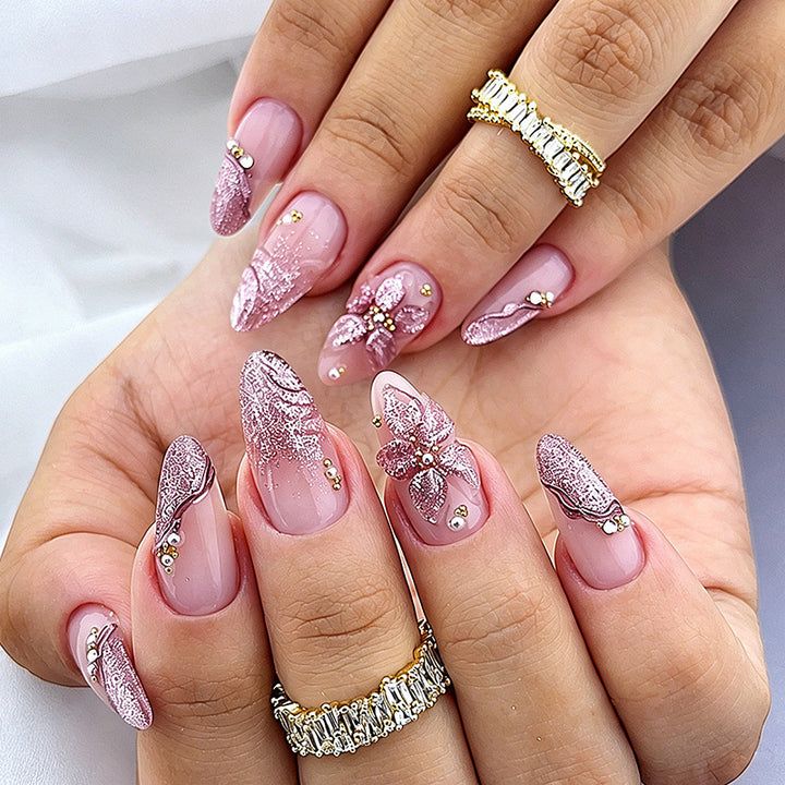 Decorative Press-On Nail Set with Floral and Gem Accents kalsten 1788495783