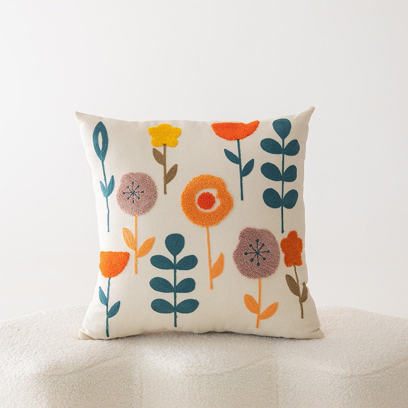 Embroidered Floral Cotton-Linen Square Throw Pillow Cover with Hidden Zipper and Textured Appliqué