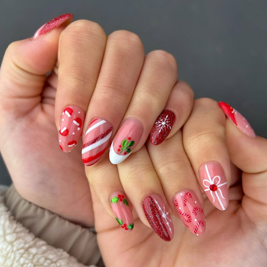 Art nail set with festive candy cane and Christmas motifs Kalsten