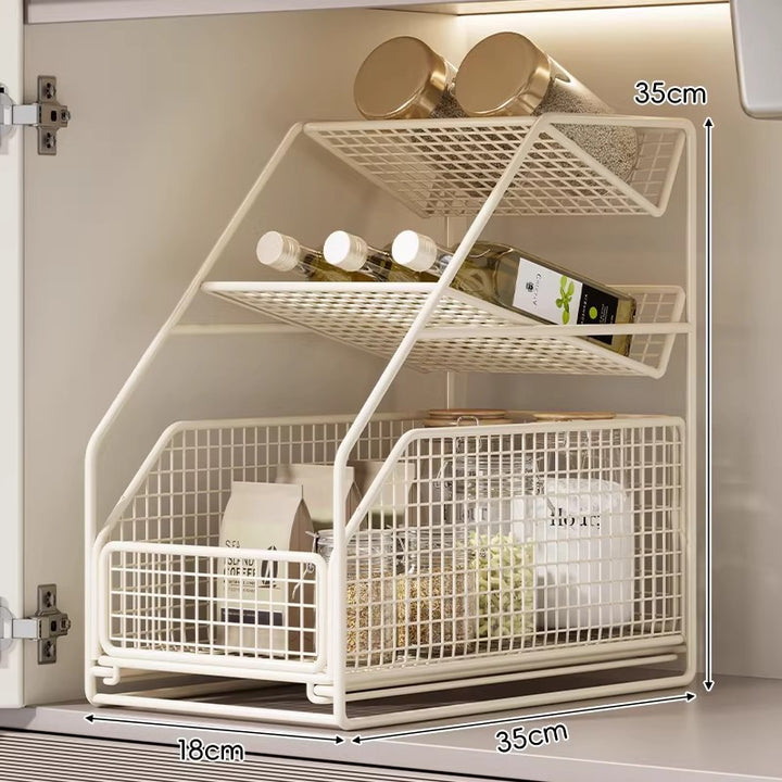 Under-Cabinet Sliding Three-Tier Mesh Basket Organizer with Removable Bins