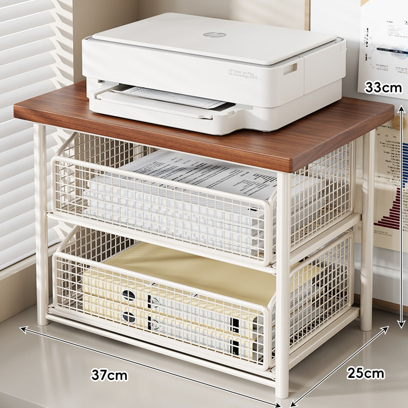 Adjustable Desktop Printer Stand with Wooden Top and Metal Mesh Storage Drawer