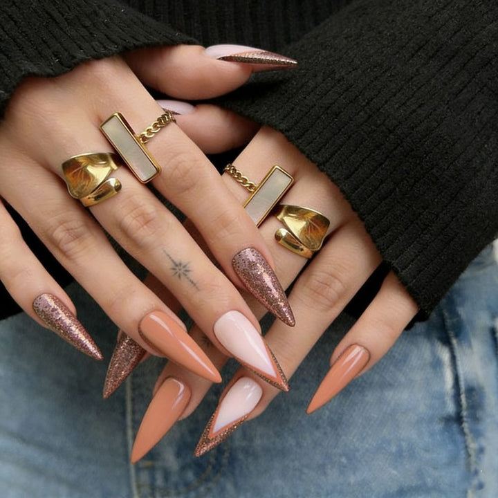 Stiletto-Shaped Press-On Nail Set with Glitter Accents