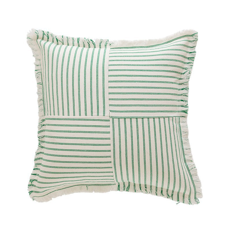 Striped Coastal-Inspired Cotton Square Pillow Cover with Fringed Edge and Concealed Zip