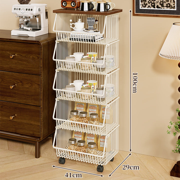 Mobile Four-Tier Kitchen Pantry Organizer Cart with Wood Top and Rolling Wire Baskets