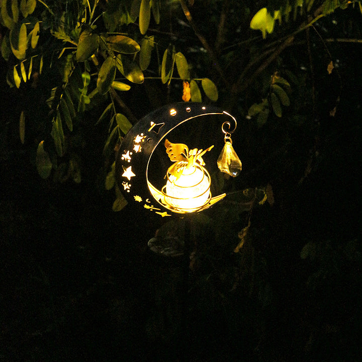 Crescent Moon Solar Garden Stake Light With Rotating Crackle Glass Orb And Butterfly Accent Kalsten