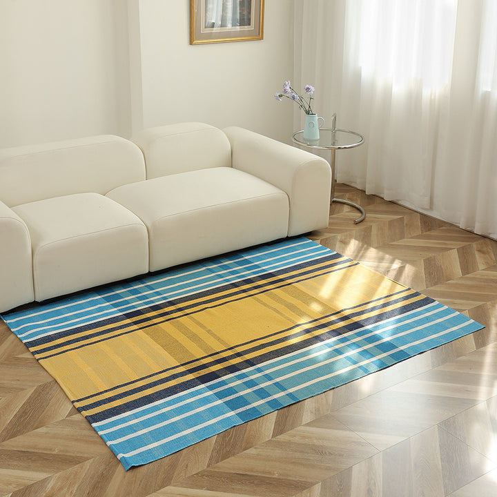 Flat-woven striped living room rug with low pile and non-slip backing