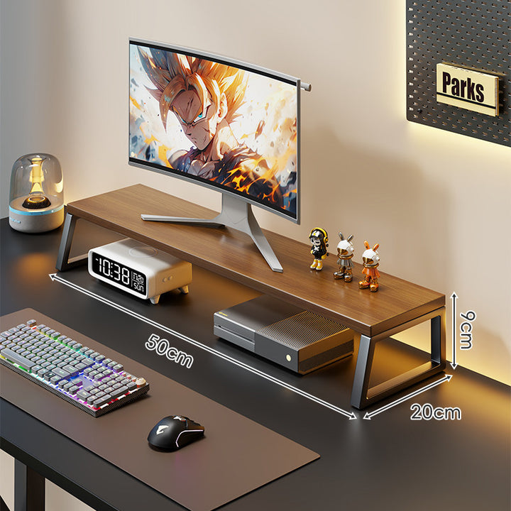 Curved Wood-Top Monitor Riser with Metal Frame and Under-Shelf Organizer