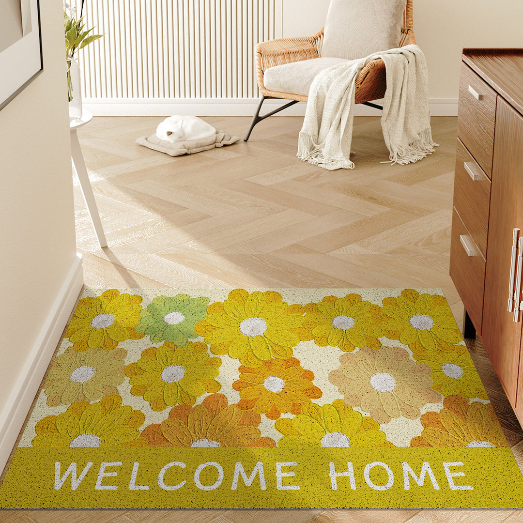 Absorbent Anti-Slip Indoor Entrance Doormat with Retro Yellow Gerbera Print and 'Welcome Home' Typography