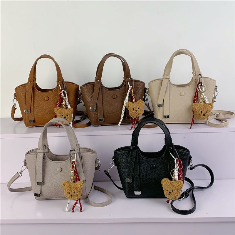Textured Mini Tote Handbag with Charming Bear Keychain