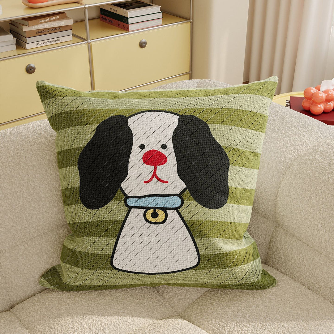 Striped Knit Lumbar Pillow Cover with Embroidered Cartoon Dog Accent