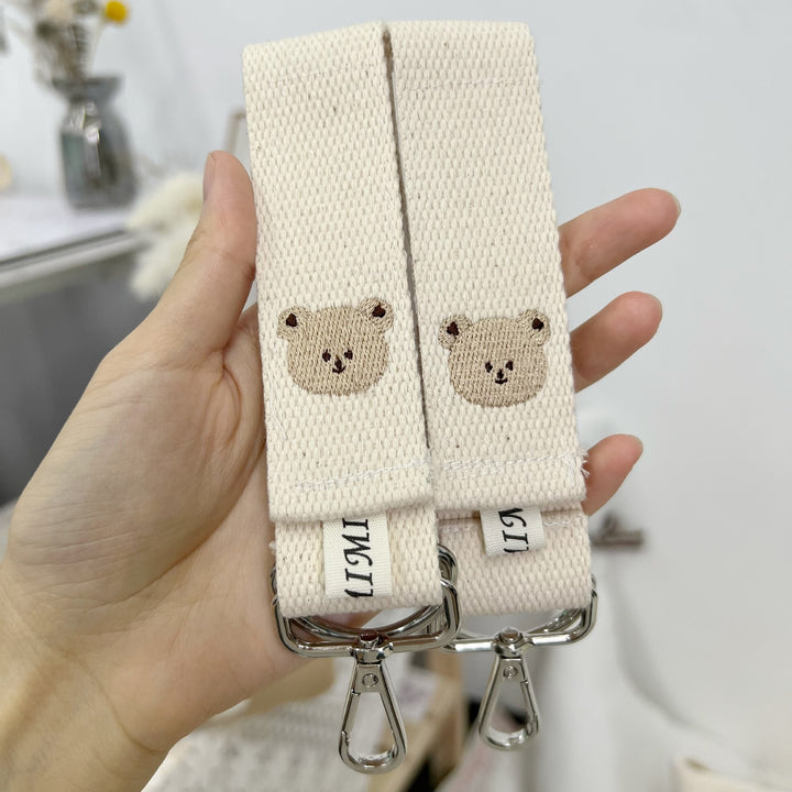 Detachable Woven Bag Strap with Embroidered Bear and Silver Swivel Clips