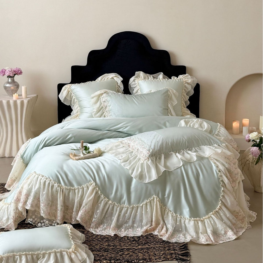 Luxurious romantic bedding set with lace ruffles and embroidered cotton satin