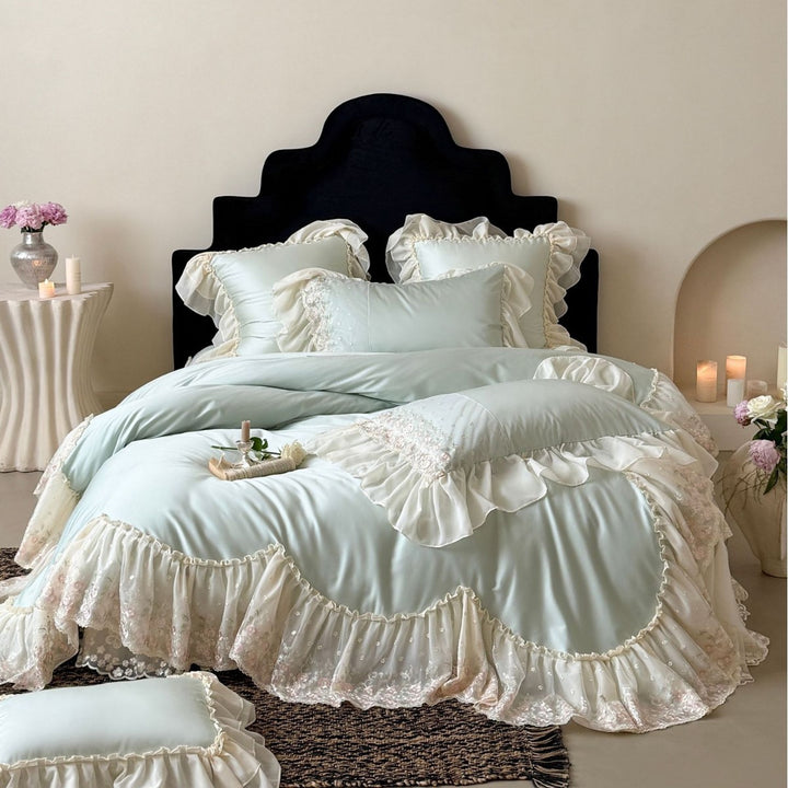 Luxurious romantic bedding set with lace ruffles and embroidered cotton satin