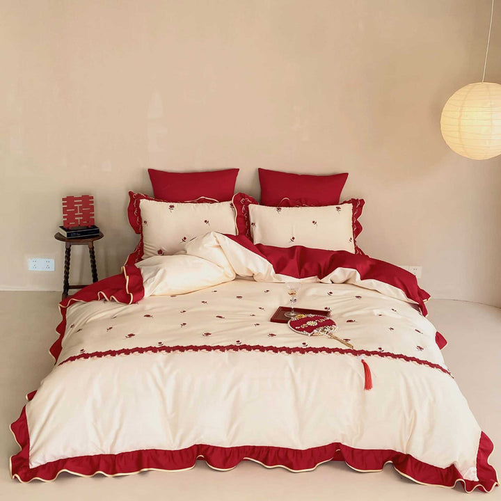 Luxurious cotton satin bedding set with ruffles and decorative seams