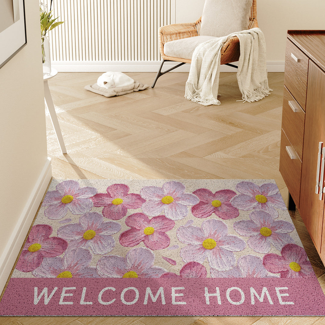 Absorbent Anti-Slip Indoor Entrance Doormat with Retro Yellow Gerbera Print and 'Welcome Home' Typography