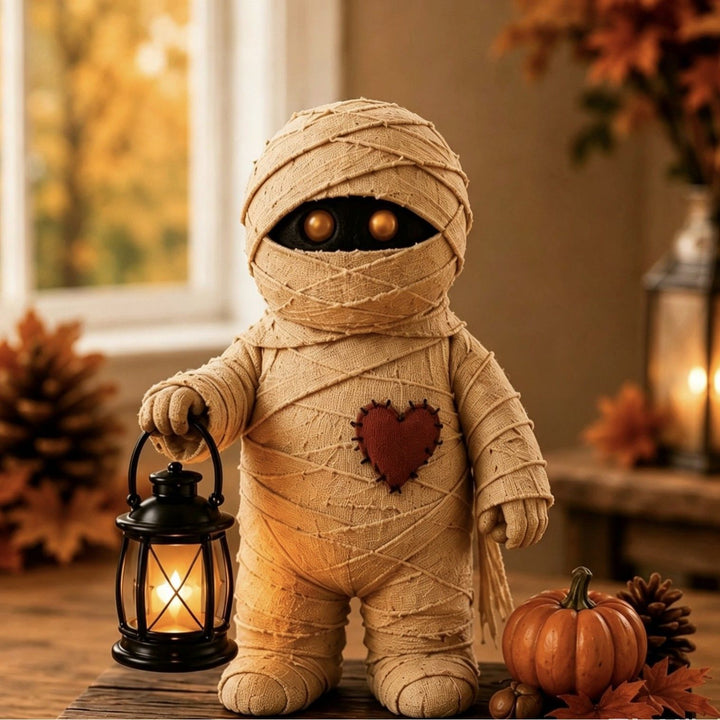 Handcrafted Halloween decoration pumpkin scarecrow with lantern