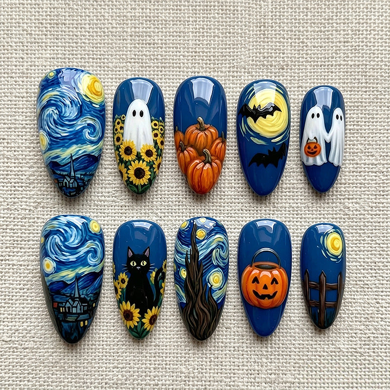 Starry Night Halloween Press-On Nail Art