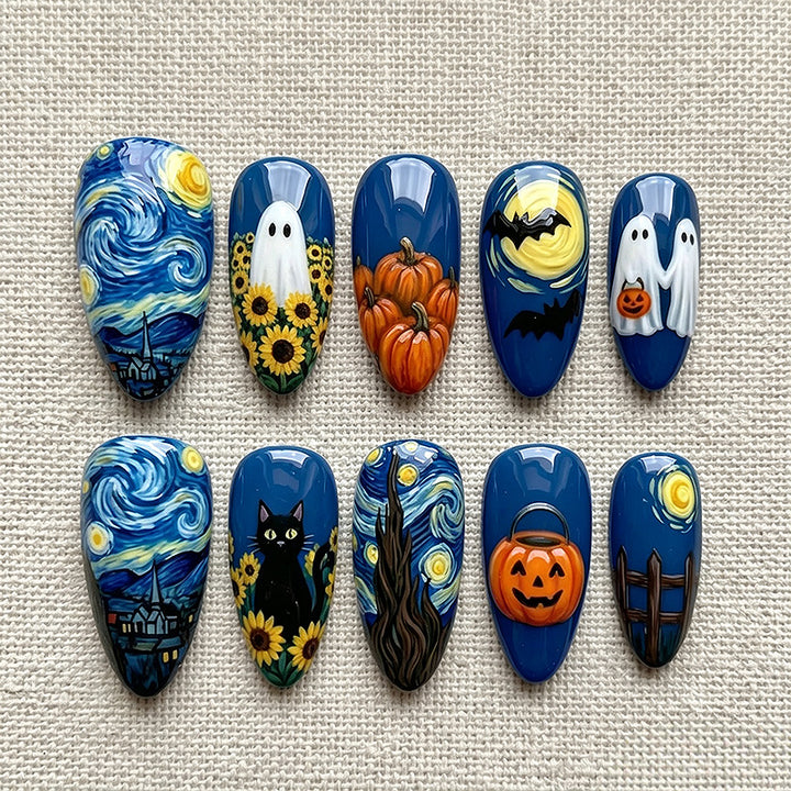 Starry Night Halloween Press-On Nail Art